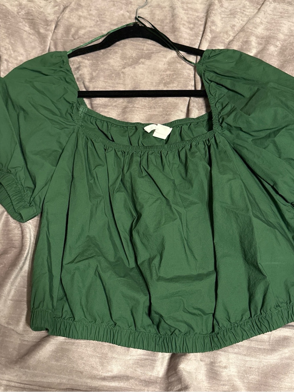 H&M Dark Green Puff Sleeve Peasant Top